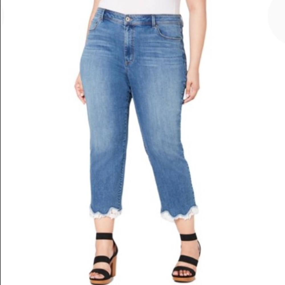 NEW INC Tummy Control High Rise Skinny Crop Jeans with Lace Hem, Size 24W, Blue